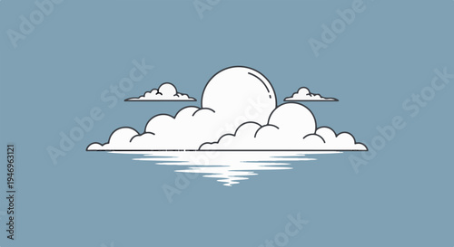 Minimalist illustration of clouds and a large celestial body reflecting on tranquil water under a blue sky