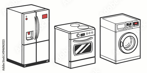 Line drawing of a refrigerator, oven, and washing machine