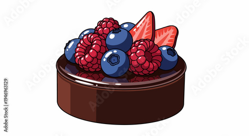 A vibrant pixel art illustration of a round chocolate tart garnished with fresh raspberries, blueberries, and strawberry slices