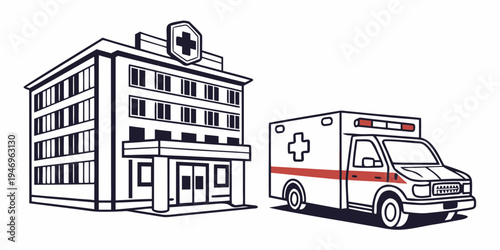 An ambulance parked outside a hospital building with a red stripe and white cross on the side