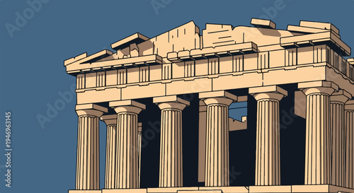 An illustration of ancient Greek architecture, featuring classical columns and a partially damaged roof