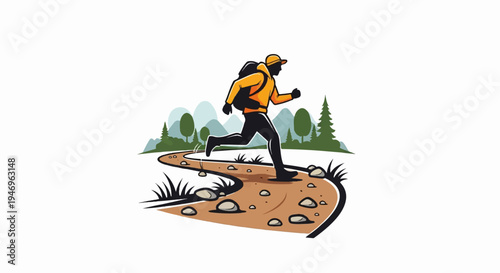 Illustration of a person with a backpack running on a winding dirt trail through a natural landscape