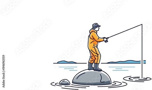 A person in an orange suit and hat stands on a rock, fishing in the water. Simple illustration