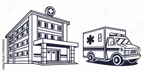 Black and white line drawing of a hospital building with an ambulance vehicle parked outside