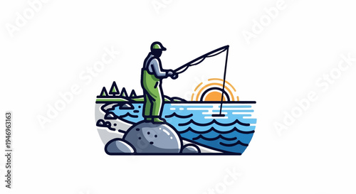 A stylized illustration of a person fishing from a rock in water, with mountains and a sunset