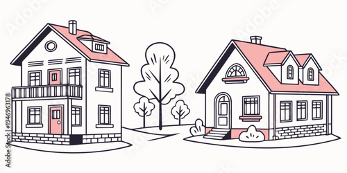Two houses with red roofs and trees in a simple line drawing style