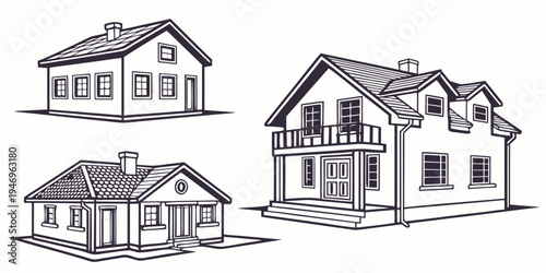 Three different house designs in a line drawing style