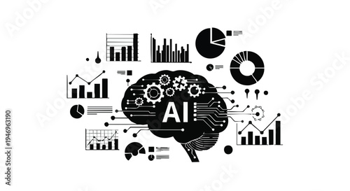 Vector illustration of AI brain with gears and business charts