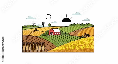 A colorful vector illustration of a peaceful rural farm landscape with barns, fields, tractors, and a sunrise