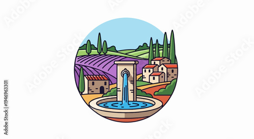Cartoon illustration idyllic countryside with fountain, houses, lavender fields, cypress trees, blue sky
