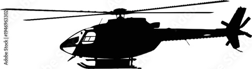 A detailed black silhouette of a helicopter showing its main and tail rotors, isolated on a white background