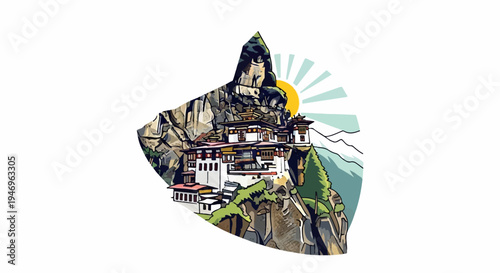Vibrant illustration of a temple complex perched dramatically on a rugged mountain cliff, with a sunburst