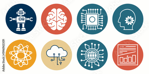 Collection of various technology and science related icons on colored circles
