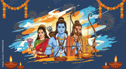 Mythological figures, a blue-skinned man with bow, woman with lotus, and another man. Diyas, garlands, fireworks