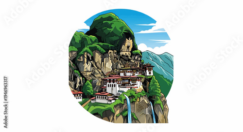 Illustration of a majestic monastery complex built into a steep mountain cliff with waterfalls and green foliage