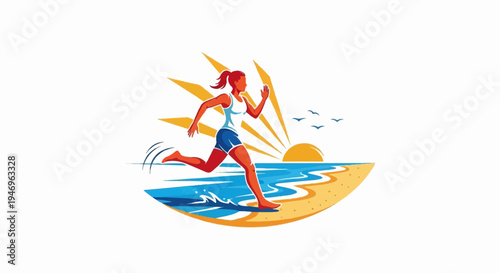 An illustration of a woman running barefoot along a sandy beach with ocean waves, sunburst, and birds