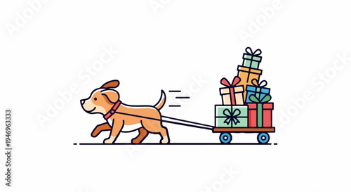 A cheerful brown and white dog wearing a red collar pulls a cart full of colorful gift boxes