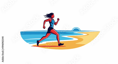 Vibrant illustration of a woman running along a sandy beach at the ocean's edge, stylized sun