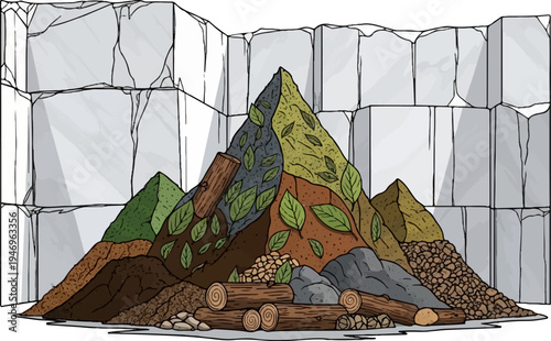 Stylized illustration of a multi-layered compost pile with organic materials and logs against a stone wall