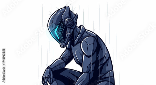 A pixel art illustration depicts a futuristic armored figure in a crouching pose, illuminated by a glowing visor in the rain