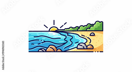 Stylized illustration of a tranquil beach with blue waves, sandy shore, green hills, sun, and rocks