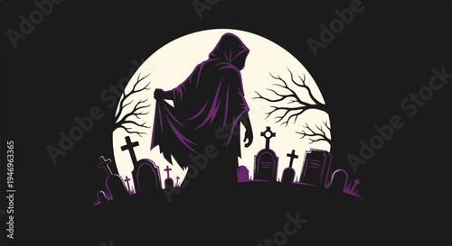 A mysterious hooded figure in a graveyard, silhouetted against a full moon, with gravestones and trees