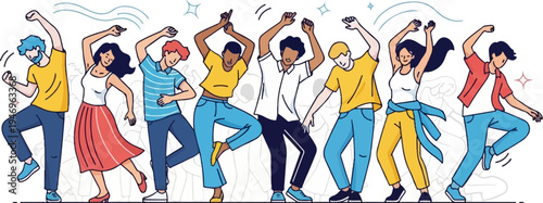 A vibrant illustration depicting a diverse group of happy young people energetically dancing together, celebrating life