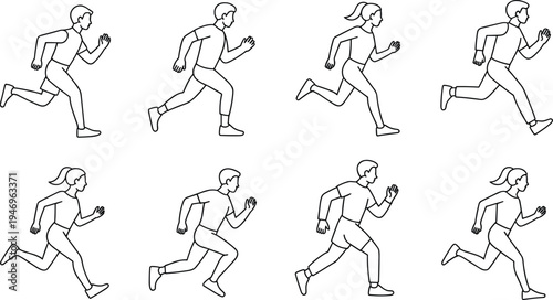 Running, people, line, art, runners, jogging, sport, fitness, exercise, athlete, movement, active, lifestyle, training, outline, vector, illustration, marathon, workout, motion