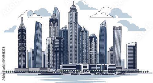 A pixelated skyline illustration with modern skyscrapers, waterfront, boats, and clouds