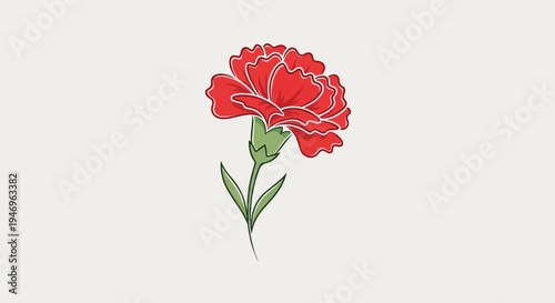 A simple, stylized illustration of a vibrant red carnation flower with green leaves and stem on a plain background