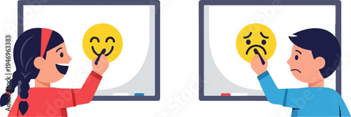 Two children draw emojis on whiteboards; a girl creates a happy face, a boy draws a sad one