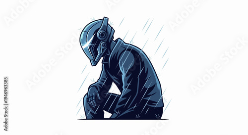 A stylized illustration of a somber, armored figure kneeling in the rain amidst sparse grass