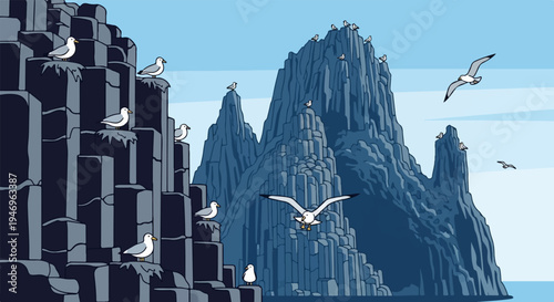 Pixel art of seagulls on and flying around dark, towering columnar sea cliffs under a light blue sky