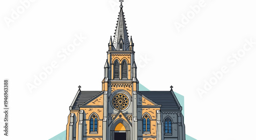A charming cartoon illustration of a grand church with a tall spire and intricate architectural details