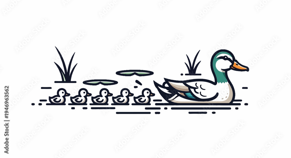 Obraz premium Stylized illustration of a mother duck and five ducklings swimming in a pond with lily pads and reeds