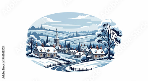 A charming snowy village illustration featuring houses, a church, winding road, frosted trees, and rolling hills