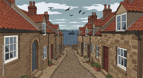A charming pixel art illustration of a narrow cobbled street lined with stone houses leading to a distant sea