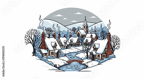 A picturesque winter village scene with snow-covered cottages, a church, a frozen river, and rolling hills