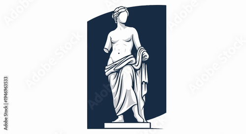 Vector illustration of an ancient Greek-style female statue with flowing drapery, broken arms, on a dark background