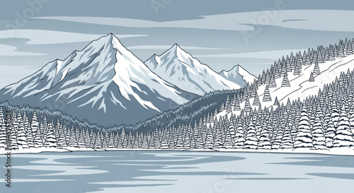 Pixel art winter landscape snow-capped mountains, icy lake, and frosted pine trees under a gray sky