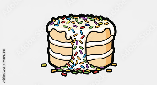 Cartoon stack of pancakes or cake layers topped with dripping white frosting and vibrant sprinkles