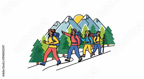 An illustration of four diverse people with backpacks hiking uphill on a mountain trail surrounded by trees and snowy peaks