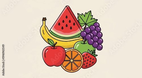 An illustration featuring a vibrant assortment of fresh, healthy fruits like watermelon, grapes, and apples