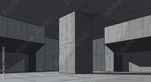 A dark, toon-shaded interior of a brutalist concrete structure with large pillars and beams creating a stark, confined space
