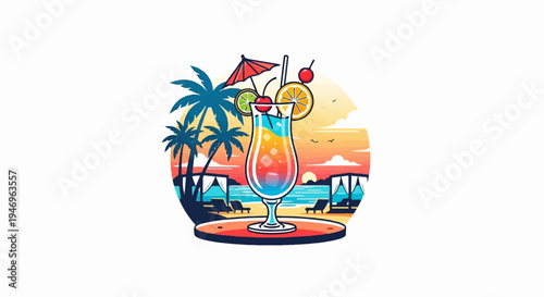 Colorful tropical cocktail with umbrella, fruit, ice, against a beach sunset with palm trees