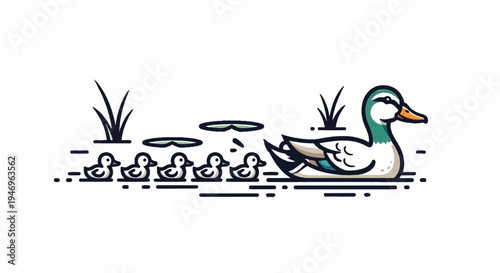 Stylized illustration of a mother duck and five ducklings swimming in a pond with lily pads and reeds