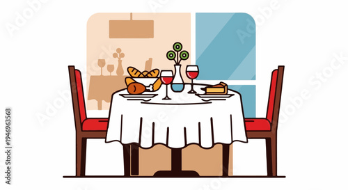 An inviting restaurant table for two with a white tablecloth, main course, bread, dessert, and wine