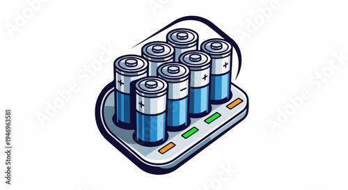 Illustration of multiple blue and white batteries recharging in a grey charger with green and orange indicator lights