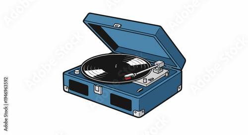 An isometric illustration of a blue portable record player with an open lid, featuring a black vinyl record