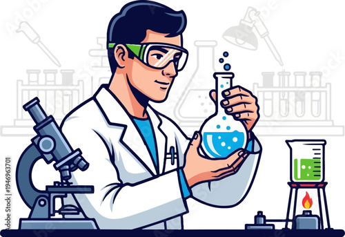 A scientist in a lab coat and goggles holds a flask with blue liquid, surrounded by lab equipment